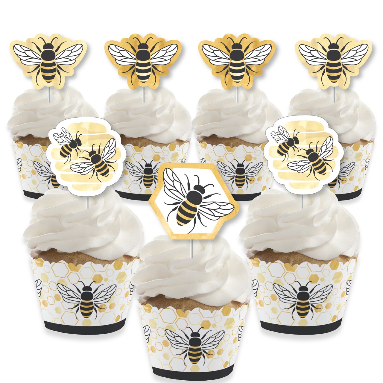 Big Dot of Happiness Little Bumblebee - Cupcake Decoration - Bee Baby Shower or Birthday Party Cupcake Wrappers and Treat Picks Kit - Set of 24